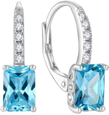 FJ Prinzessschliff Hängend Ohrringe Damen 925 Sterling Silber Quadrat Solitaire Ohrringe Aquamarin März Geburtsstein Schmuck Geschenke für Frauen