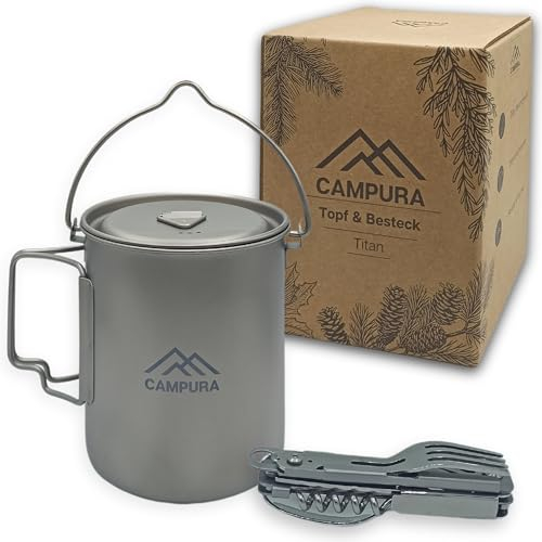 Campura Titan Topf Outdoor inkl. 5-in-1 Edelstahl Klappbesteck - Ultraleicht 146g für Trekking & Bushcraft - 750ml, faltbar - Camping Geschirr Titanium Survival Topf