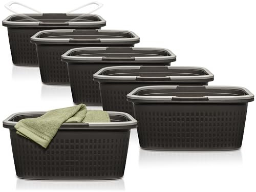 Hausfelder Wäschekorb 58x37x25cm mit Henkel, Wäschewanne 6er Set, Wäschekörbe aus Kunststoff mit Griff 35 l, stapelbar (Anthrazit-Schwarz, 6 Wannen)