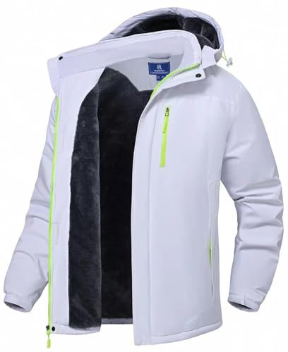 SPOSULEI Herren Winter Fleecejacke Warme Verdickt Gefüttert Skijacke Outdoor Winddicht Wasserdicht Jacke mit Abnehmbarer Kapuze für Wandern Weiß 3XL