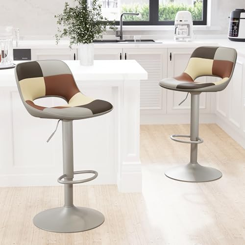 YOUNIKE Bar Stools Set of 2, Boho Colorful Patchwork Faux Leather Barstools, Adjustable Swivel Counter Height Bar Stool Upholstered Counter Stools with Hollow Back for Kitchen Island, GreyBeige
