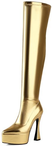 MJIASIAWA Donna Tacco A Spillo Appuntito Plateau Sopra Il Ginocchio Stivali Stretch Con Cerniera Sposa Eleganti Tacco Alto Lungo Stivali Alti Sposa Oro Numero 46 EU/48 Asiatico