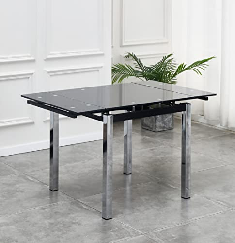 Table de salle à manger extensible moderne en verre noir avec 4 chaises en cuir synthétique