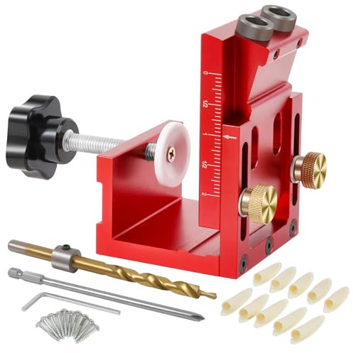 3-in-1 Pocket Hole Jig Kit for Woodworking: Accurate Angled Carpentry with Versatility for Joint Angle, Includes ‎Drill Bit and Plugs * 10, Red