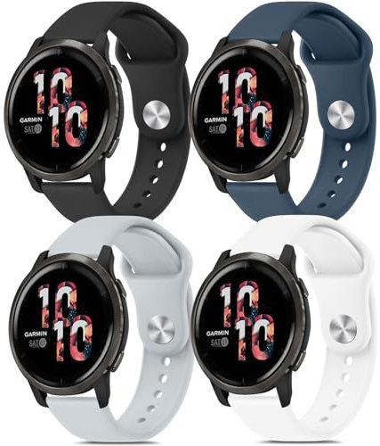 Vancle 4 Pieces Bracelet Compatible avec Garmin Venu 3/Venu 2/Forerunner 255/Forerunner 265/Vivoactive 4 Homme Femme, 22mm Silicone Sport Bracelet (Noir/Blanc/Gris/Bleu Foncé)