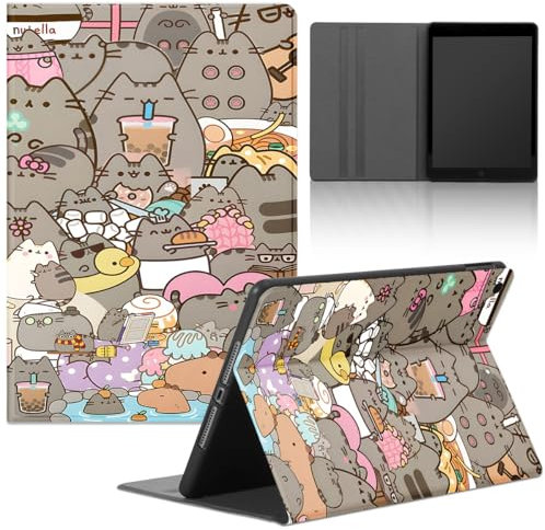 Tablet Hülle für iPad 9/8/7 10,2, Modell 2021/2020/2019, 9./8./7. Generation, Anime Cartoon Cute Katze Pusheen Cat Muster TPU Schutzhülle Flip PU Leder Flip Cover Stoßfest Ständer Tablet Case,Manga