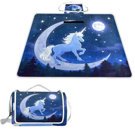 ALAZA Rechteckige, wasserdichte Picknickdecke, Einhorn, Mond, groß, tragbar, faltbar, für drinnen und draußen, Matte für Reisen, Wandern, Camping, Park, 150 cm x 145 cm