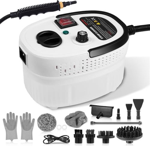 Dampfreiniger, 2500W Tragbarer Dampfreiniger Handgerät, 1200ML Tank Hochdruck Dampfreiniger, 6 Einstellbaren Geschwindigkeiten, für Fenster, Küche, Boden, Alles Küchenmöbel (Weiß)