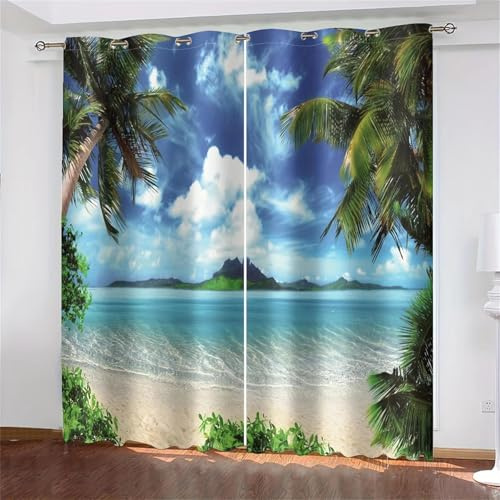 HNYDM 2-teilige Vorhänge mit Digitaldruck, Motiv: Strandgrün und Blauer Himmel, Ösen für Wohnzimmer-Dekor, Fenstervorhänge BxH/2x115x240cm vorhänge