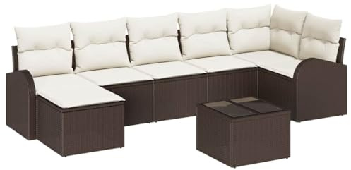 vidaXL 7-teiliges Gartensofa-Set mit Kissen in Braun und Weiß, bequem für Deine Terrasse. Es ist EIN modulares Sofa aus Poly-Rattan – perfekt für den Sommer und modernes Dekor.