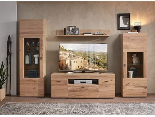 TV-Wohnwand 305 cm Breit in Esche teilmassiv Vitrine Lowboard Wandboard Holzoptik montiert Softclose