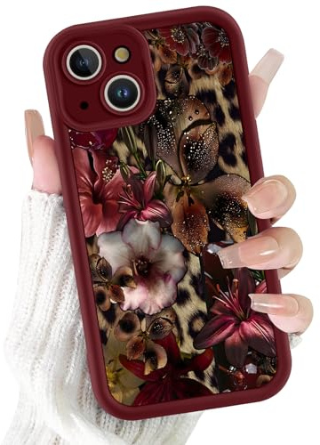 Yirlbey Handyhülle für iPhone 13 Hülle Leopard, Aesthetic Hibiskus Blumen Lily Muster Design Mädchen Frauen Schutzhülle, Silikon Bumper Cover Erhöhte Displayränder Case für iPhone13 6,1,Rote