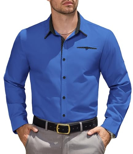 Elainone Hemd Herren Langarm Regular Fit Business Freizeithemd mit Tasche Anzughemd für Hochzeit Office Bügelleicht Blau 3XL