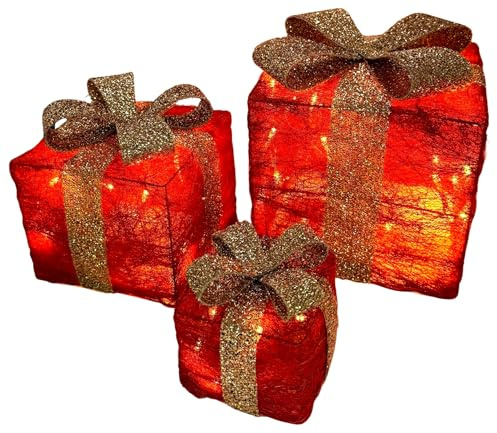 Bambelaa! 3er Led Deko Geschenke Leucht Boxen Timer Weihnachts Dekoration Weihnachtsdeko Beleuchtet Deko (Rot-Gold)