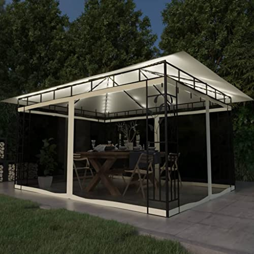 Tonnelle avec moustiquaire et guirlande lumineuse LED, 4 x 3 m, en acier, blanc crème, pour terrasse et activités de plein air