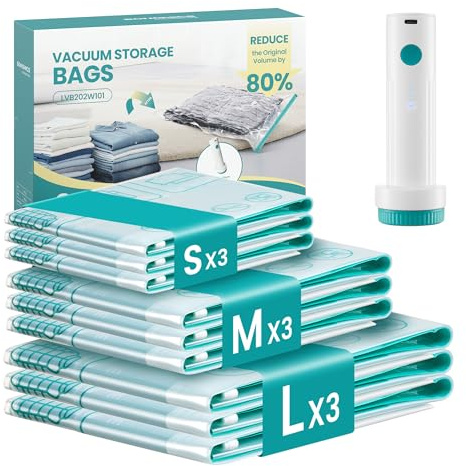SONGMICS 9 Pack Vacuum Storage Bags, Electric Pump, 3S/3M/3L | Rechargeable Portabe, Space Saver Reusable, Clothes Bedding Comforters Travel, White, ISLAND Collection LVB201W101
