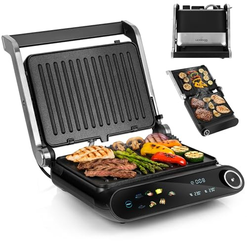 LEHMANN Bistecchiera Elettrica, 2000 W, Apertura 180°, Piastre Antiaderenti Rimovibili, 10 Programmi, Regolazione Temperatura 90-230°C, Timer 1-240 min, Griglia per Cucinare Carne, Pesce e Verdure