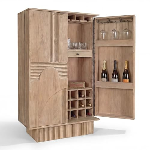 Riess Ambiente Massiver Barschrank Art Deco - 95x141x42cm - weiß gekälkt - handgefertigtes Highboard mit Flaschenregal