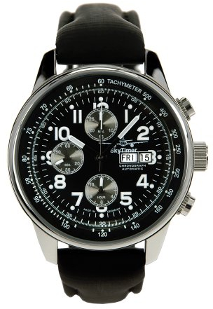 SkyTimer 503235005 Youngster Fliegeruhr schwarz - Chronograph, Automatik, Edelstahlgehäuse, Glasboden, 5 ATM wasserdicht, Lederband