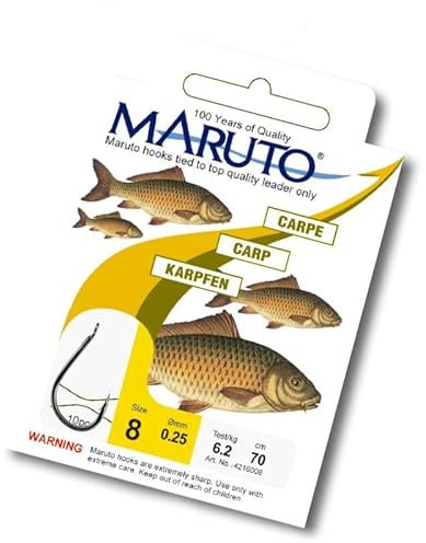 Maruto Karpfenhaken gebunden - Angelhaken zum Karpfenangeln, Karpfenangelhaken, Gebundene Haken, Größe/Tragkraft/Durchmesser/Inhalt:Gr. 1/11.0kg/0.35mm/9 Haken pro Packung