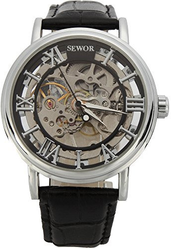 SEWOR Herren Mechanische Skelett Transparent Vintage Stil Leder Armbanduhr, Schwarz, Armband