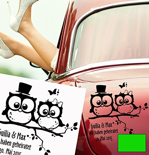 Autoaufkleber Aufkleber Schild Eulen auf Zweig Ast geheiratet mit Datum Eulenwandtattoo mit Schmetterlingen, Punkten und individualisierbarem Schriftzug mit Namen M1493 - ausgewählte Farbe: *Maigrün* ausgewählte Größe:*L 35cm breit x 35cm hoch
