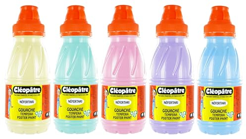 Cléopatre - Lote de 5 Botes de Aguada Pastel Néfertari - Pintura que Cubre, Multisuperficie - Fácil de Manejar, Desde Infantil - Lavable a Máquina - Surtido de Colores, 5x250ml