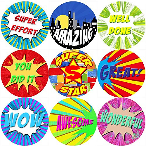 144 Superhero Comic Praise Words - Themed Teacher Reward Stickers - Size 30mm