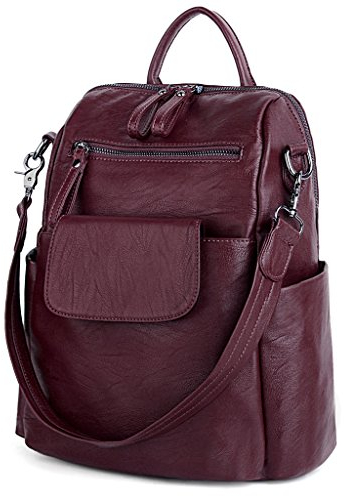 UTO Rucksack Damen Elegant mit Schultergurt Modischer Multifunktionsrucksack Schultertasche Herren PU Leder Backpack Kompartiment Reißverschluss Umhängetasche Schule Schulrucksack Handtasche Rot