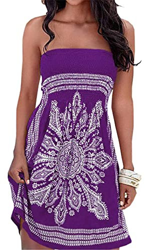 EMMA Femme Robe Eté Bustier Epaule Bohème Coloré Floral Casual Mini Plage(PE,XL) - Violet
