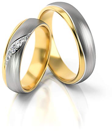 JC Trauringe Gold 750 Paarpreis Bicolor Gelbgold Weißgold I Eheringe breit 5 mm I Edle Partnerringe mit Gravur in edler Schatulle I 2 Hochzeitsringe Herrenring ohne & Damenring mit Steinen I PL283