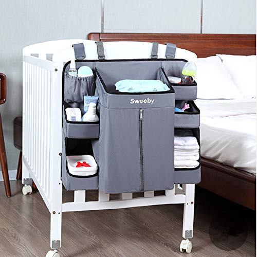 Sunzit Hängender Organizer Kinderzimmer, Babybett Tasche Hängende Aufbewahrungstasche Windel Spielzeug Kleidung Betttasche Kinderwagen Buggy Dekor - Grau