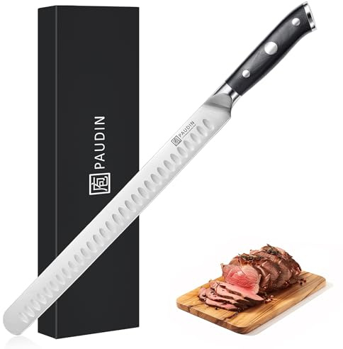 PAUDIN Carving Knife, 12 Inch Brisket Knife, Premium Slicing Knives with Granton Blade for Cutting Smoked Brisket, BBQ Meat, Turkey - Ergonomic G10 Handle