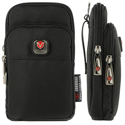 VIIGER Nylon Dual Pocket Phone Case Holster Belt Loop Pouch Bag Mens Zipper Belt Pouch with Clip Smartphone Holder Compatible for iPhone 16 Pro Max iPhone 15 Pro Max S25 Ultra S25+, black