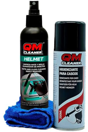 QM Cleaner - Kit de limpieza de cascos | Limpiador cascos mate y brillo, eliminador de mosquitos - Higienizante interior y eliminador de olores - Incluye paño