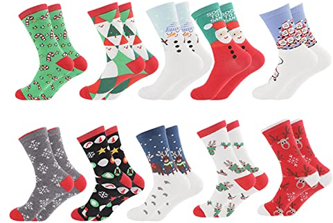 YELYAN Weihnachtssocken, 10 Paar Unisex Weihnachtssocken Christmas Socks Weihnachtsmotiv Weihnachten Festlicher Baumwolle Socken für Damen und Herren(SD-10PCS)