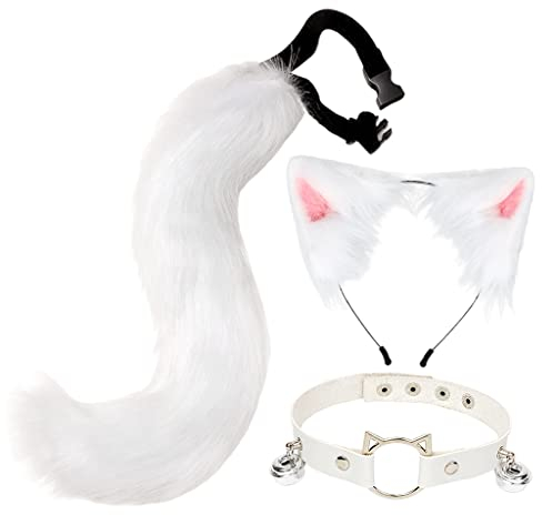 SM SunniMix Langes Fell Katzenohren Haarreifen Katze Plüsch Schwanz und Leder Halsband Set Halloween Party Kitty Cosplay Kostüm Kits - Weiß
