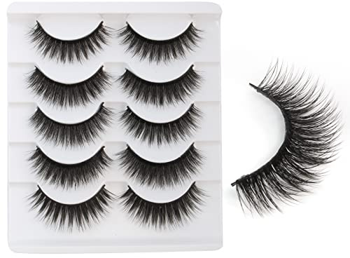 Lot de 5 paires de faux cils - Aspect naturel - 6D - Longs - Faux cils naturels - Fabriqués à la main - Réutilisables - Volume doux - Épais - Maquillage de cosplay