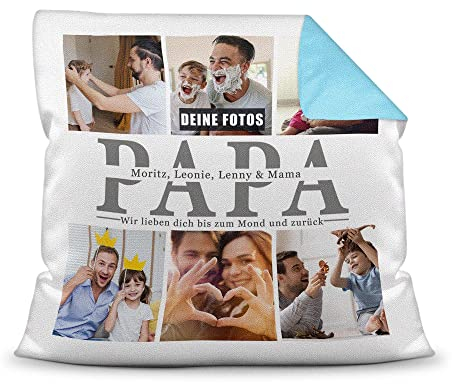 Foto-Kissen selbst gestalten - Papa wir lieben Dich - Collage mit 6 Fotos & Namen - Geschenk für den besten Papa von Kindern - inkl. Füllung, Farbkissen Rückseite Hellblau, 40x40 cm