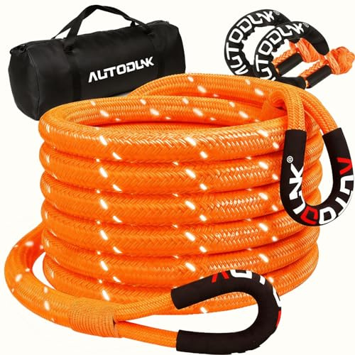 AutoDunk 1 x 30' Kinetic Recovery & Tow Rope (33,000lbs), with 2 Soft Shackles (33,000lbs) Offroad Recovery Kit for 4WD Pick Up Truck, SUV, ATV, UTV (Orange)