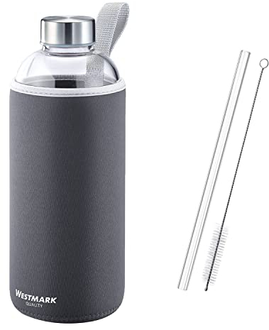 Westmark 527422EA Gourde en verre avec étui de protection 1000 ml + 1 paille en verre 21 cm + 1 brosse de nettoyage verre/silicone/caoutchouc sans BPA Viva Anthracite/argent/transparent