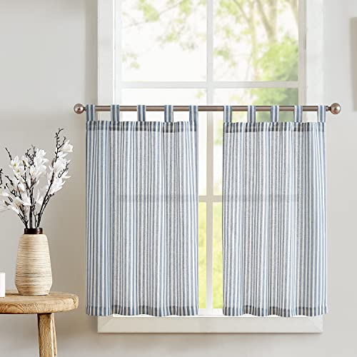 TOPICK 2er Set H 90 x B 65 (cm) Gestreifte Scheibengardinen Schulaufen Leinen Gardinen mit Streifen Küchenvorhang Blickdicht Kurz Küchengardinen für Küchen Esszimmer Badezimmer Blau auf Beige
