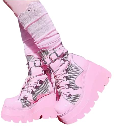 ORANDESIGNE Donne Punta Rotonda Stivali Lunghi Tacco Grosso Stivali con Piattaforma Moda Stivali da Cavaliere Goth Punk Scarpe da Festa Stivali da Motociclista F Rosa 37 EU