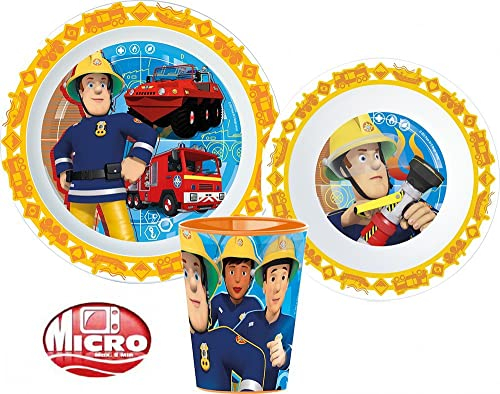 Microwave Safe 3pcs Cartoon Character Dinner Tableware Set Plate, Bowl & Cup, BPA Free re-usable Plastic (Fireman Sam)