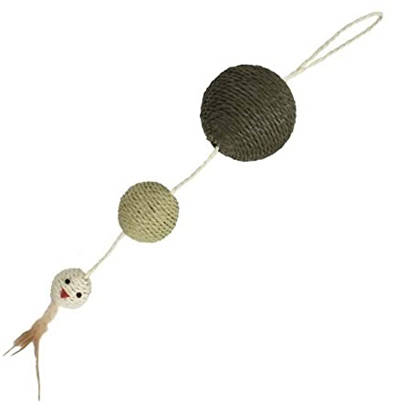 Bobby Plume – Kratzbaum Katzenspielzeug aus recyceltem Seil, mit Bällen und Federn, zum Aufhängen, Grün, 55 x 12 cm