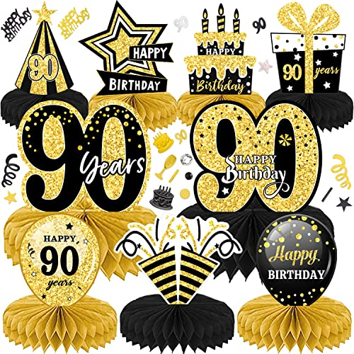 LWAIX 90. Geburtstag Männer Frauen 10Stk Geburtstag Dekoration Tischdeko Bienenwabe Mittelstück für Waben-Tischdekoration Party Zubehör Tischdekorationen Papier (90)