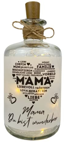 Druckerino LED Flaschenlicht mit Spruch - Mama Du bist wunderbar - Dekolicht - Leuchtflasche - Muttertagsgeschenk Geschenk für Mama