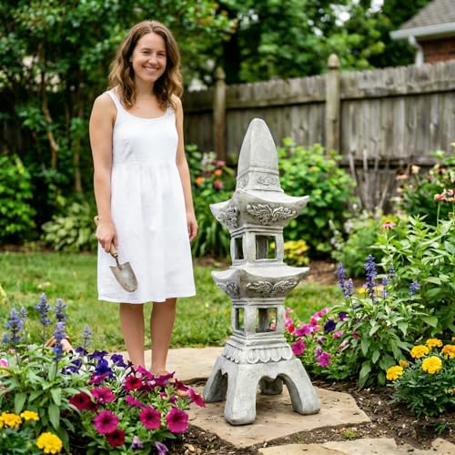 GRASOLAR 35.5’’High Asian Zen Pagoda Magnesium Oxide Tall Lantern Statue Outdoor Sculpture for Garden Backyard Decor Pagoda Statue Miniature Tower Lantern Landscape Garden Decoration
