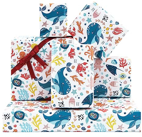 Ocean Geschenkpapier, Geburtstags-Geschenkpapier für Jungen Mädchen Kinder mit rotem Band, Blauwal, Rotkrebse, Seepferdchen, Fische, Oktopus, 4 große Blätter 50 x 70 cm pro Blatt für Geburtstag,