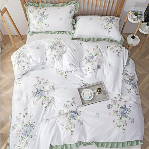 Freyamy Bettwäsche 135x200cm 2teilig Weiß Bunt Blumen Rüschen Wendebettwäsche Microfaser Weiche Bettwaren-Sets Romantisch Mädchen Bettbezug mit Reißverschluss und Kissenbezug 80x80cm